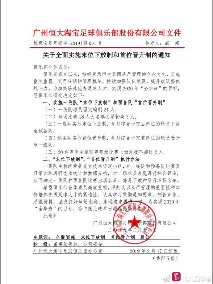 恒大制定新规(恒大出台5条新规：每场比赛轮换3人、实施首席晋升末位下放制…)