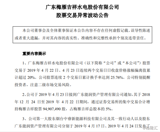 梅雁吉祥（600868.SH）获广东能润举牌遭问询，股东争斗几时休？