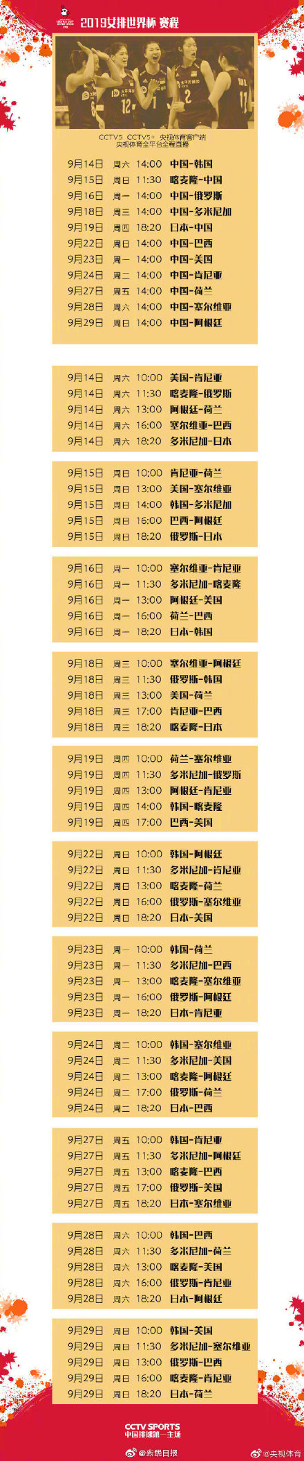 19年女排世界杯在哪儿举行（中国女排世界杯完整赛程来了！一起为中国女排加油）