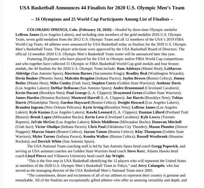 nba有哪些人美国(美国男篮公布44人大名单！詹姆斯、杜兰特、库里领衔复仇者联盟)