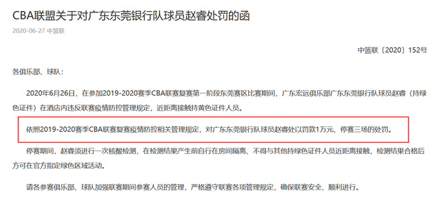 2020cba为什么停赛了(CBA复赛首张罚单！赵睿因违反防疫规定被停赛三场)