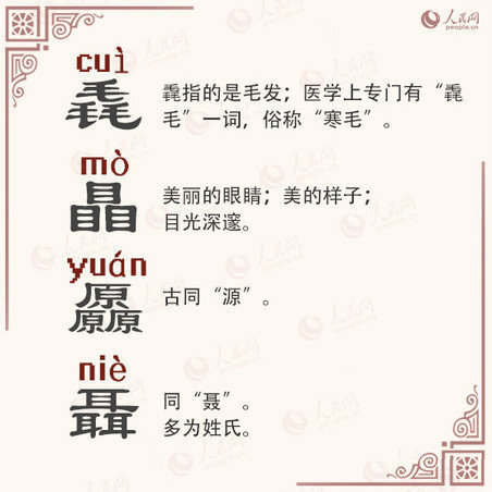 飍靐龘飝朤茻馫麤鱻灥(涨知识 加强版“三叠字”，你会念吗？)