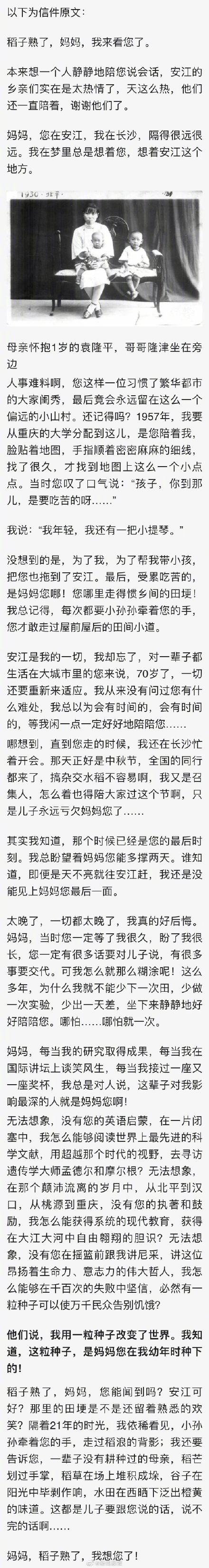 袁隆平给母亲写的一封信，看哭了无数网友