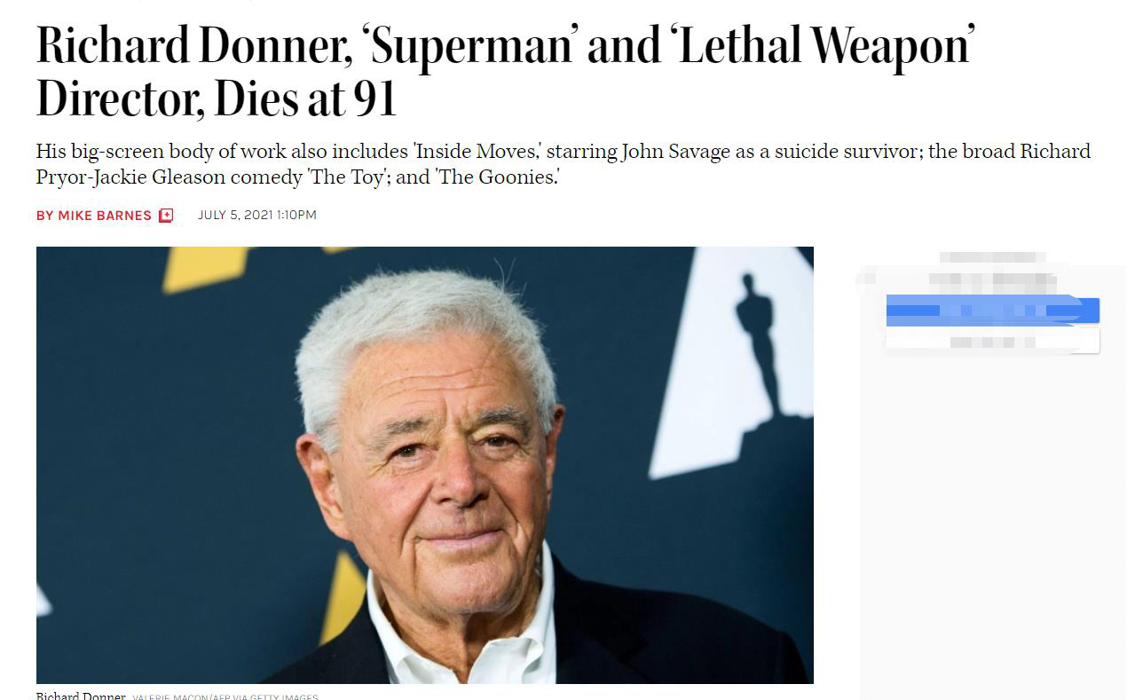 好莱坞传奇导演理查德·唐纳去世 曾执导《超人》