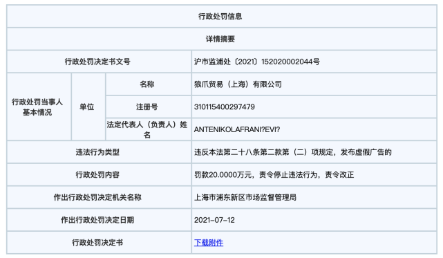 将夹克服宣传为冲锋衣，狼爪被罚20万元！之前曾被公开谴责
