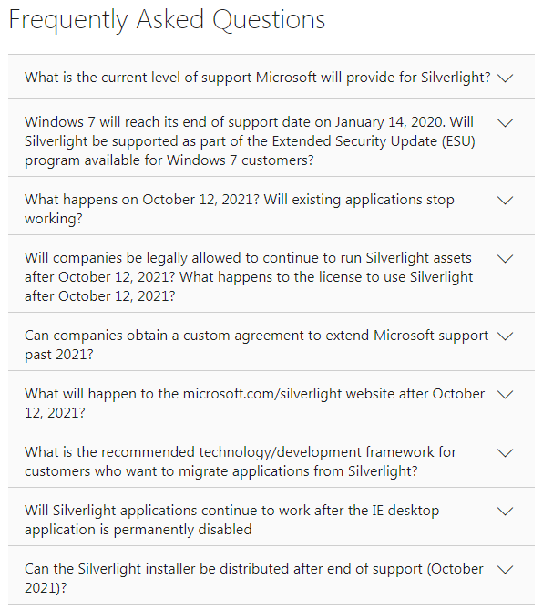 微软将于2021年10月12日终止对Silverlight的支持