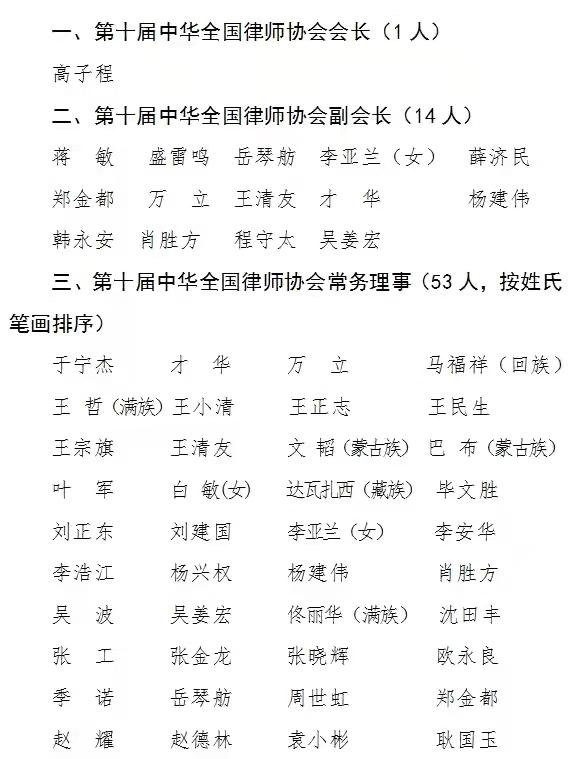 全国律协新领导班子产生：高子程当选会长，肖胜方等当选副会长