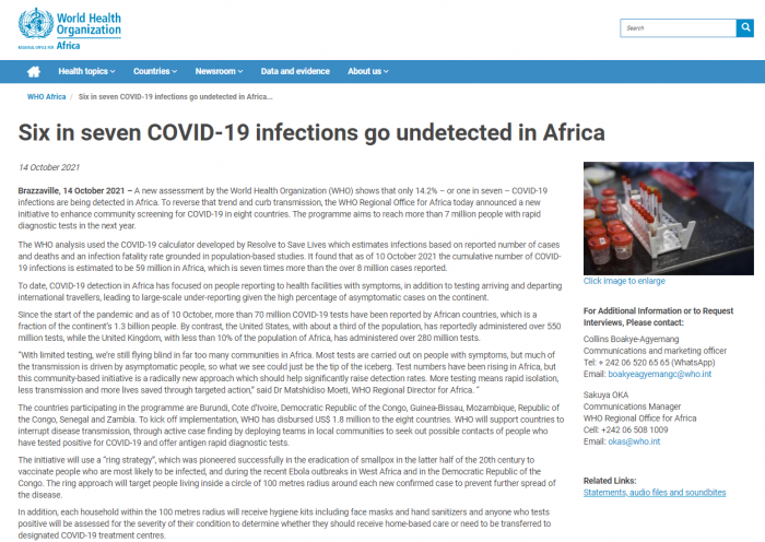 世卫组织估计非洲或有超过5000万未被报告的COVID-19病例