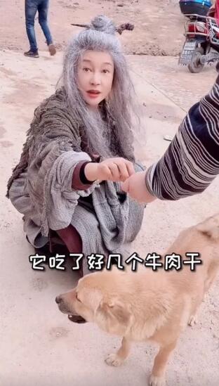 68岁的刘晓庆近照，与流浪狗互动有爱，“白发魔女”造型太抢镜