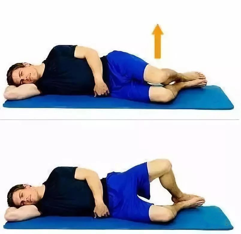 强化髋部外旋特别是臀中肌和外展肌的能力动作要点:侧卧,屈膝