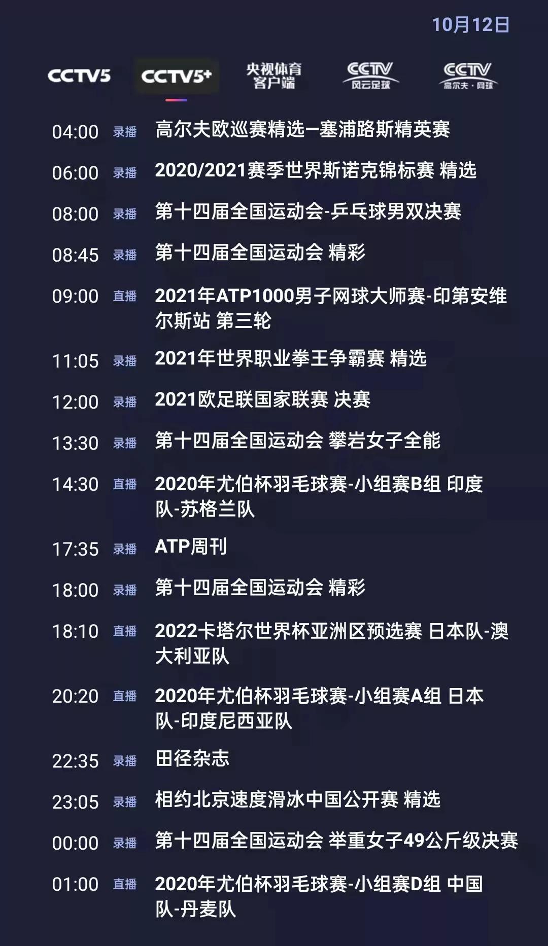 央视体育今日节目单：世预赛亚洲区12强赛(沙特-中国)，CCTV5直播