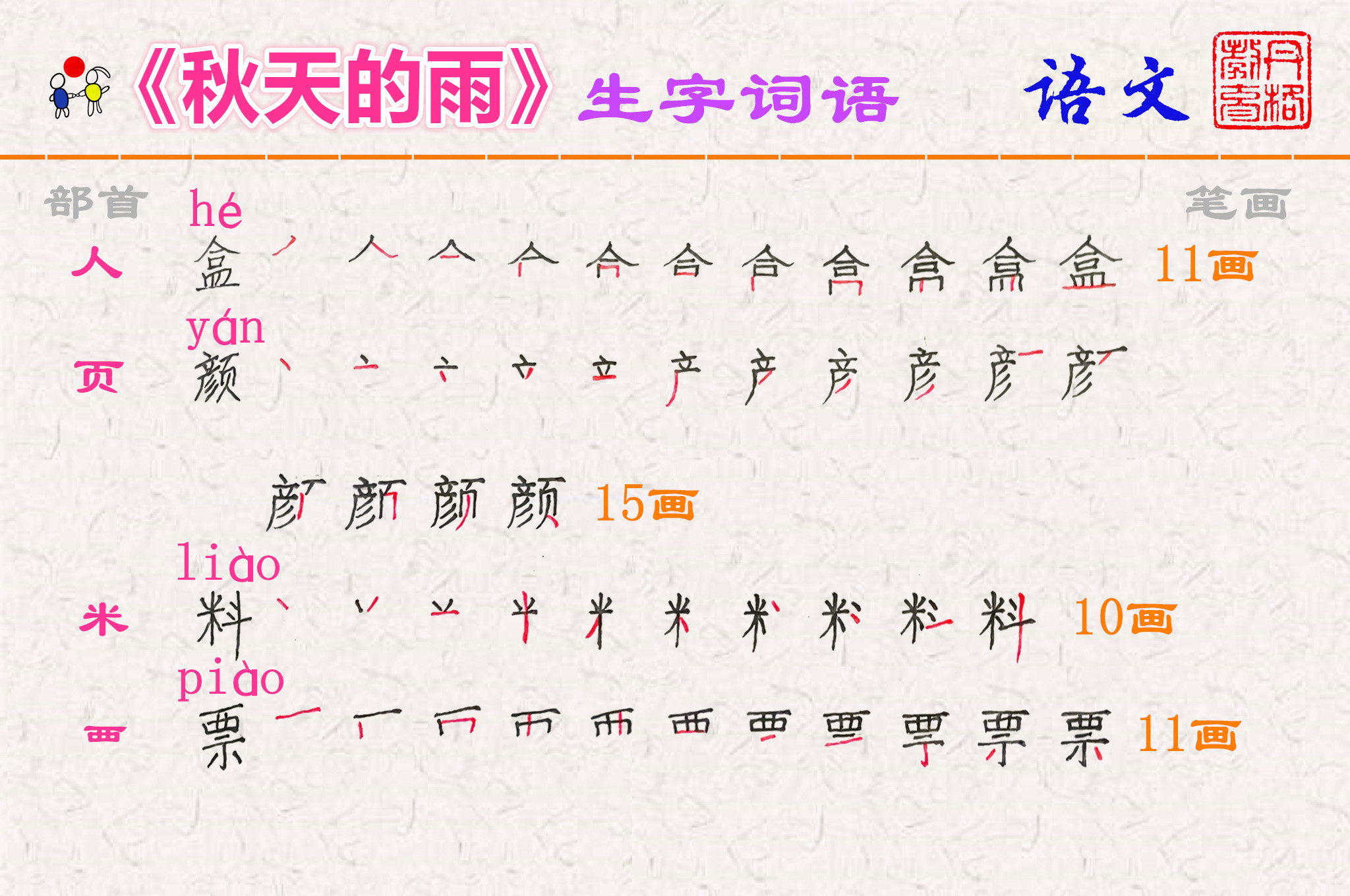 语文三年级上册第6课《秋天的雨》生字词语预习指导