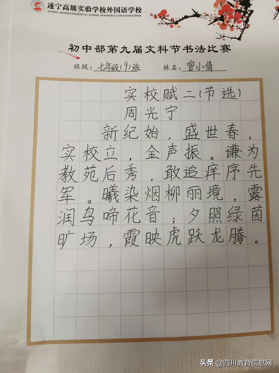 遂宁高级实验学校初中部第九届文科节硬笔书法大赛