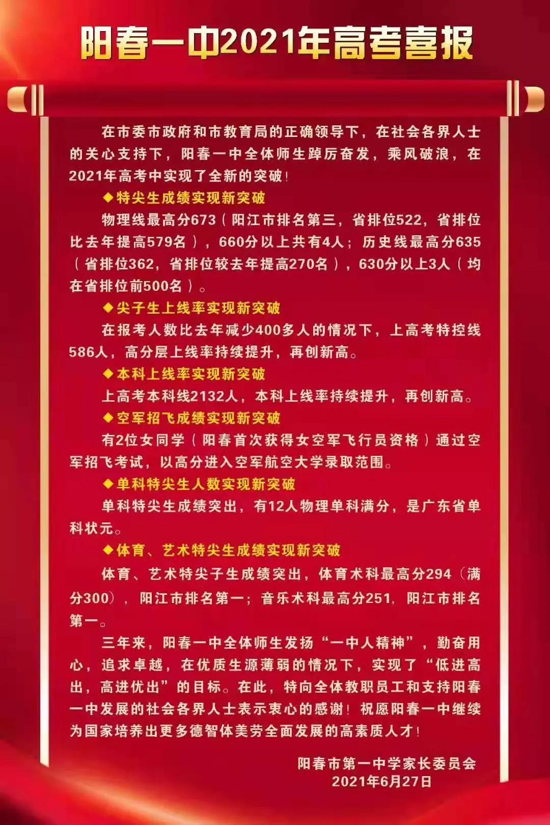 阳春一中高考喜报：12人物理单科满分，上特控线586人