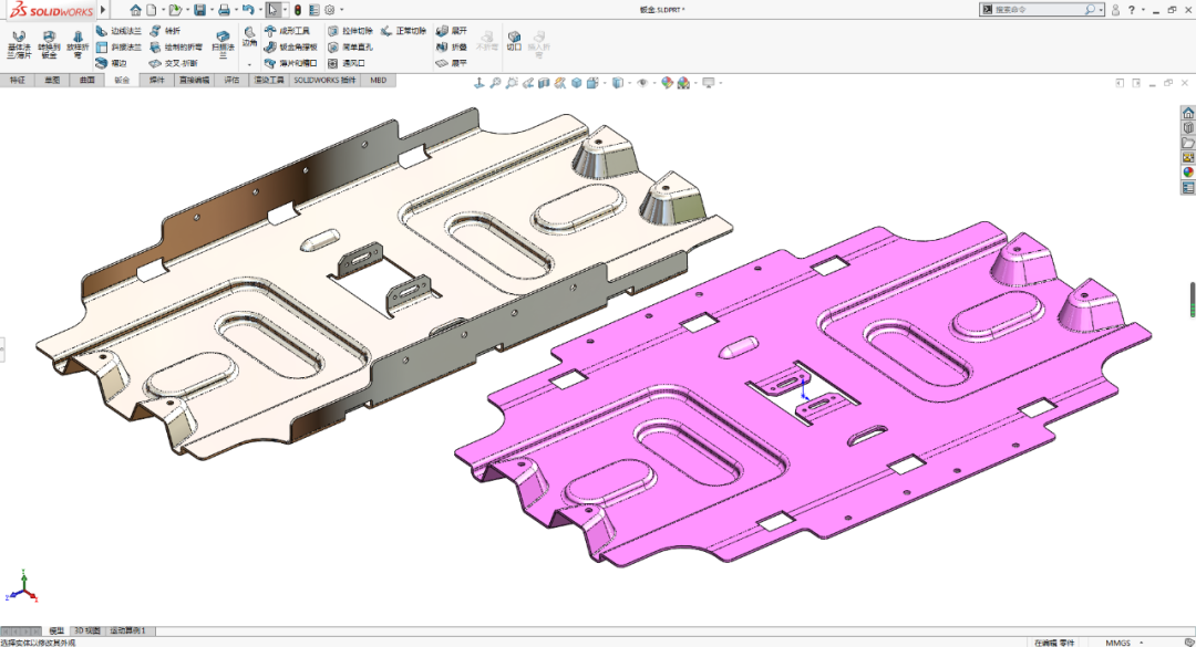 用SolidWorks画的钣金底壳，需要画两个成形工具，所以步骤比较多