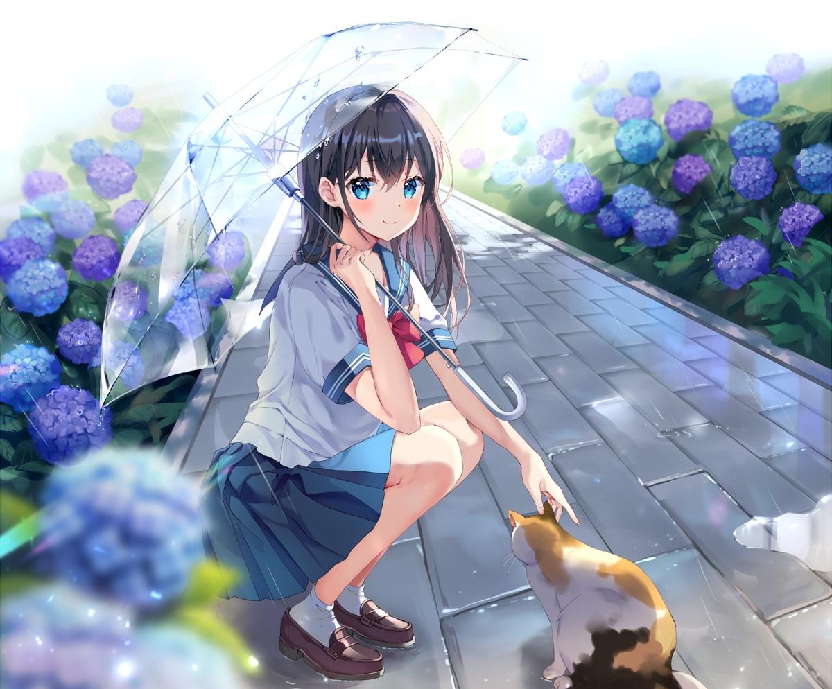 Konachan.com - 329778 animal brown_hair cat flowers long_hair mayo__miyusa_ original rain school_uniform skirt socks umbrella water.jpg