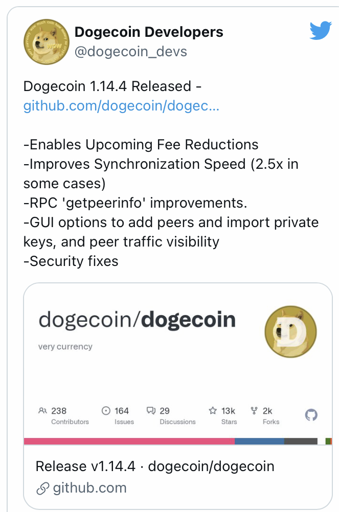 狗狗币核心开发人员发布更新以准备降低交易费用