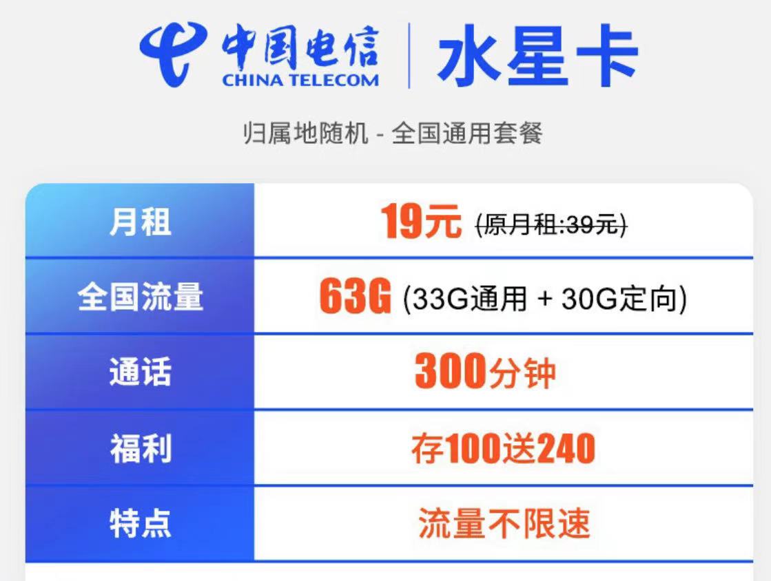 中国电信19元月租，63G流量+300分，彻底摆脱万能钥匙了