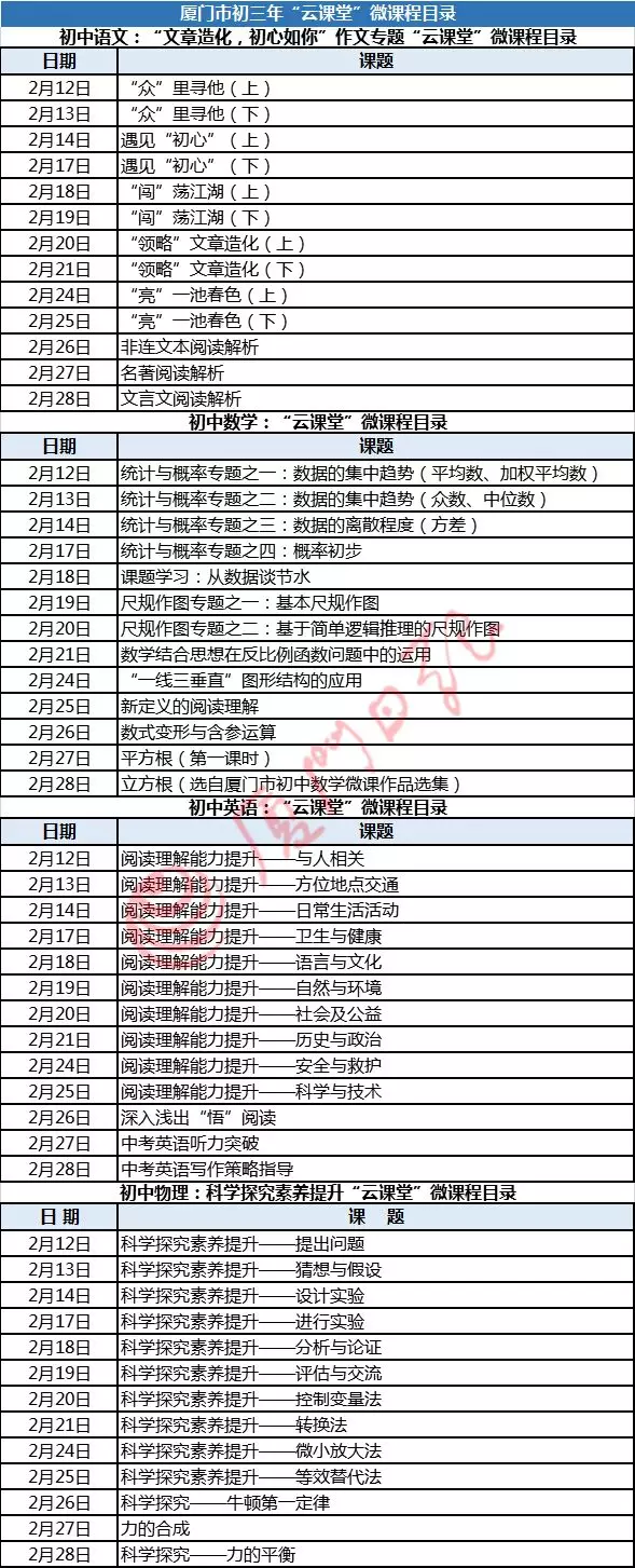 厦门初三和高三毕业班继续线上教学！课程表公布