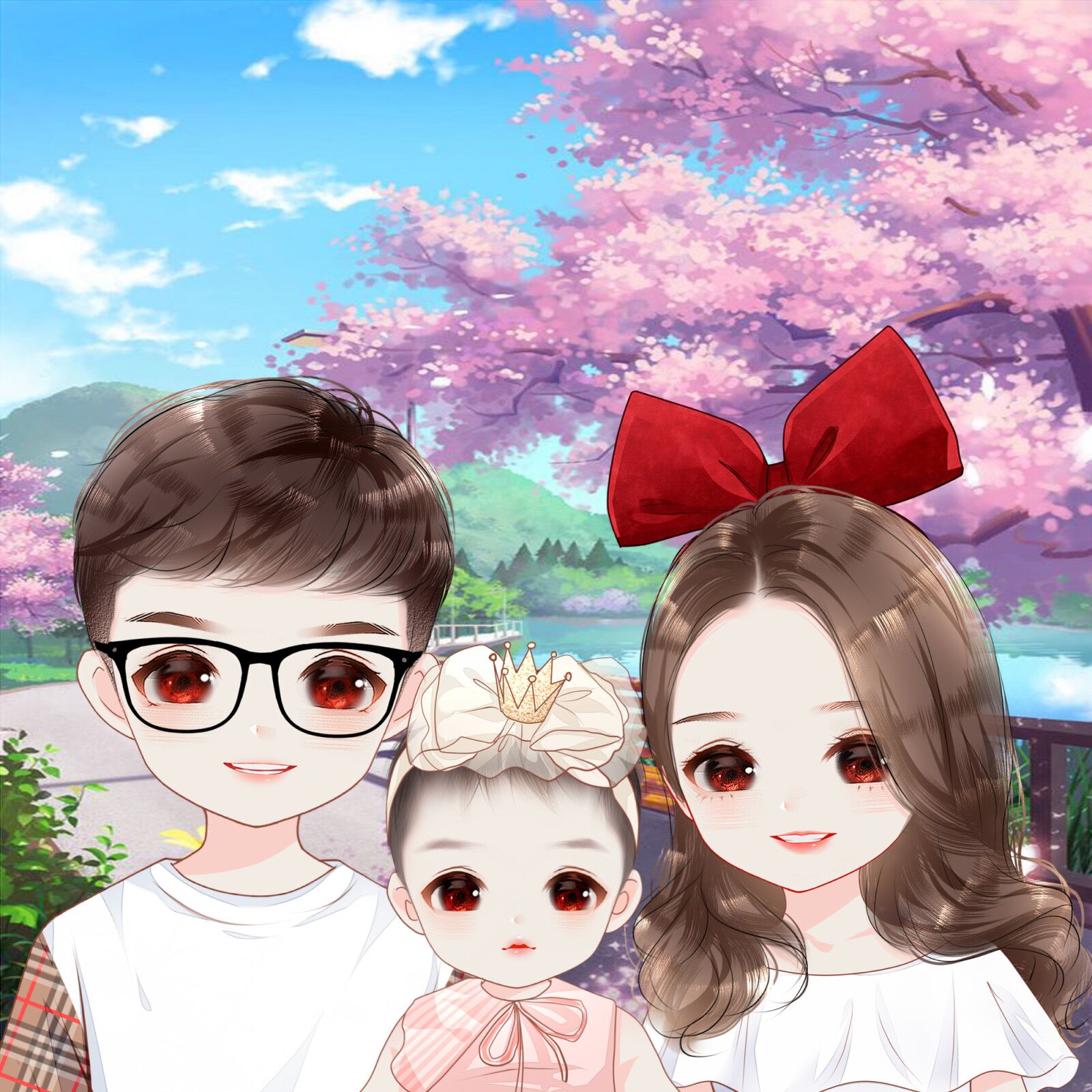 一张张全家福卡通头像 戴眼镜的爸爸妈妈 调皮萌娃姐弟俩