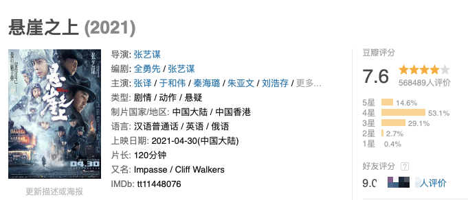 评分最高的6部谍战片，《风声》排在第2，最后一部被删减了13分钟