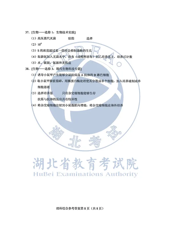 2020高考全国Ⅰ、Ⅱ卷答案汇总