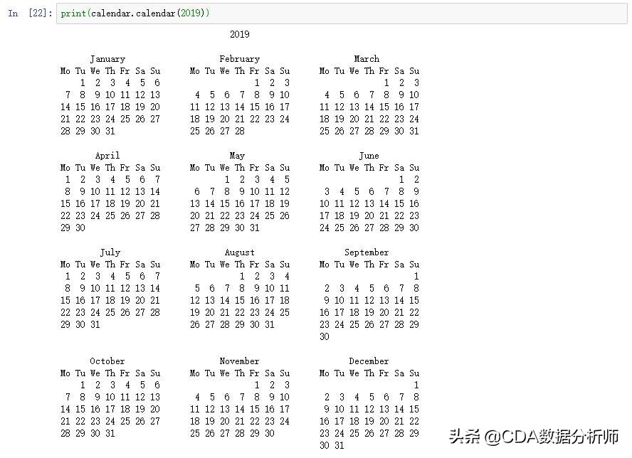i=1)返回一个多行字符串格式的year年month月日历,两行标题,一周一行