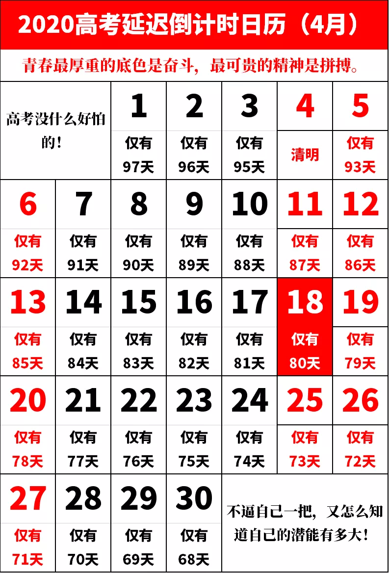 高考日历（2020高考倒计时日历）
