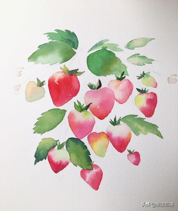 水彩干混技法，甜心草莓