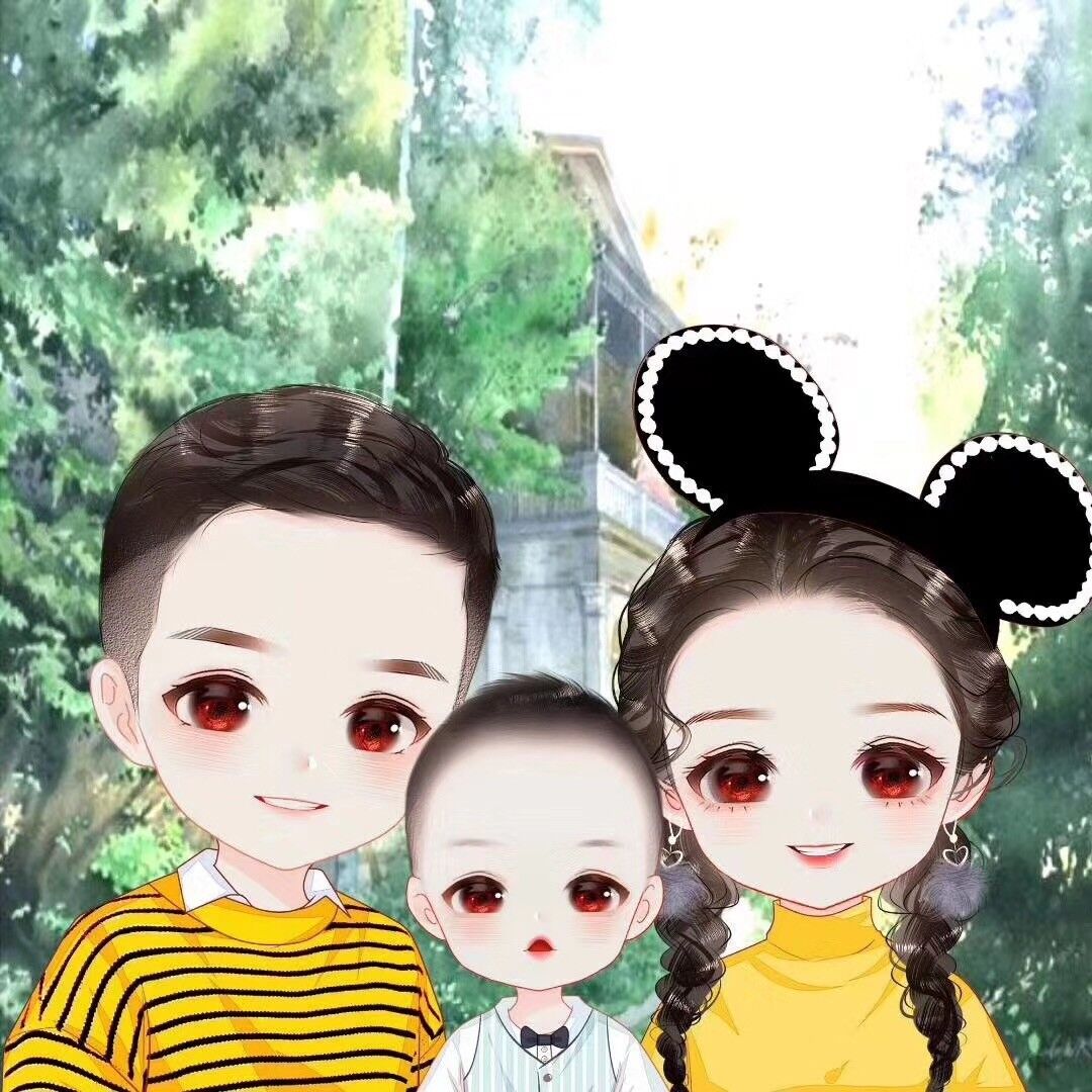 一张张全家福卡通头像 戴眼镜的爸爸妈妈 调皮萌娃姐弟俩