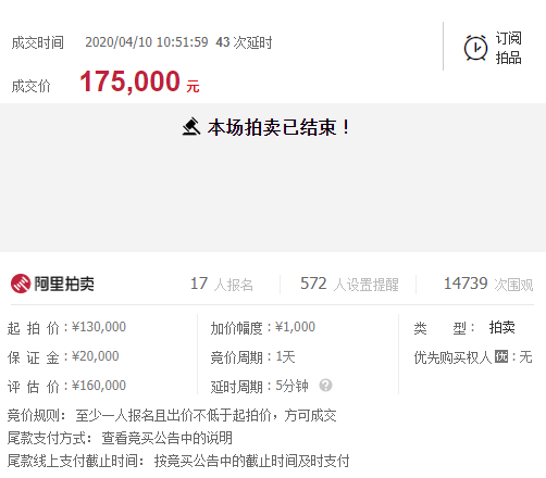 拍卖成功！宁波市一辆车牌号浙BB22D3宝马牌，最终成交价175000元