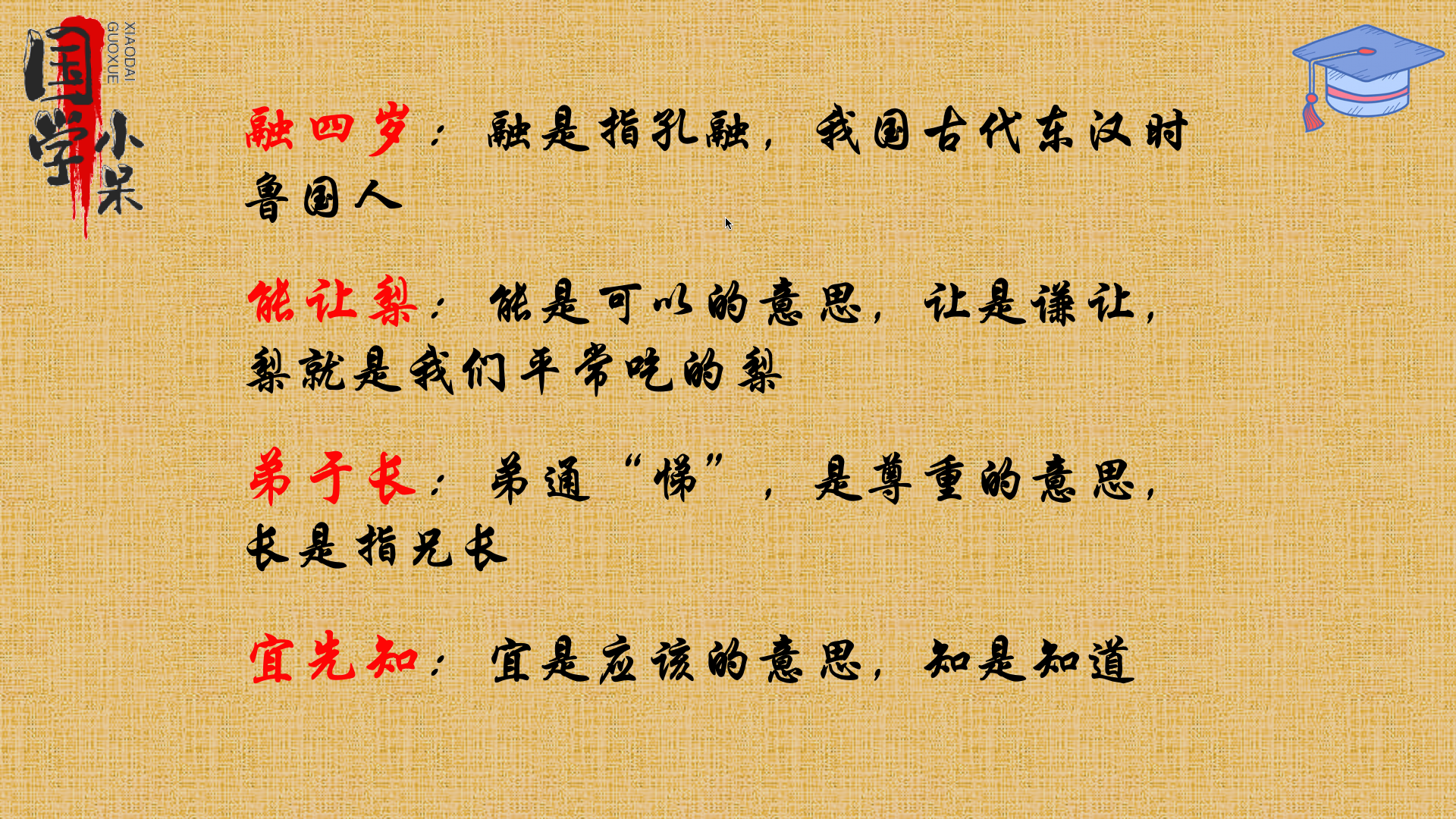 国学经典《三字经》"融四岁,能让梨,弟于长,宜先知 "图文