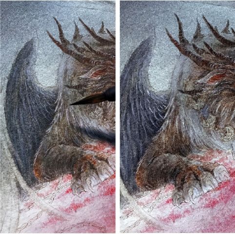 用白色描绘一下主要毛发,在肩膀处需画出一些羽毛和翅膀呼应根据画面