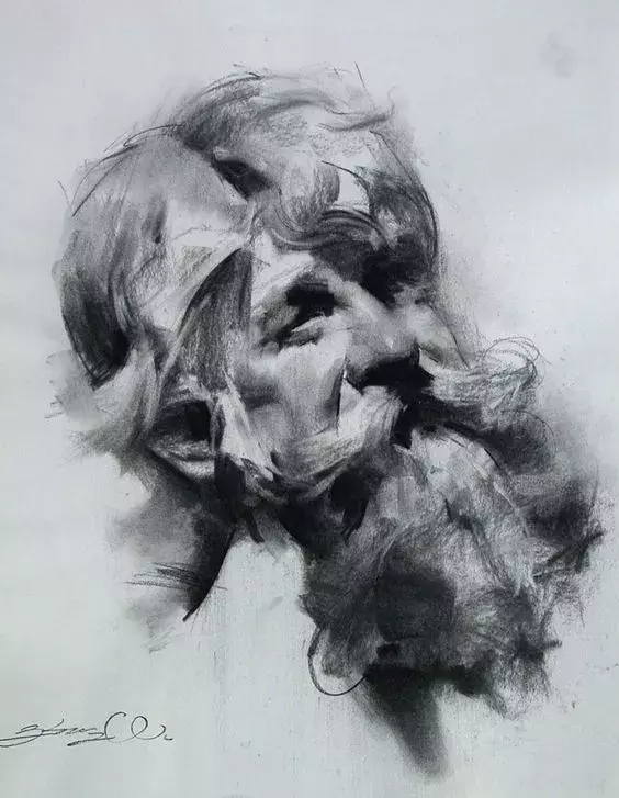 他用木炭条画素描,笔触大刀阔斧,这调子666