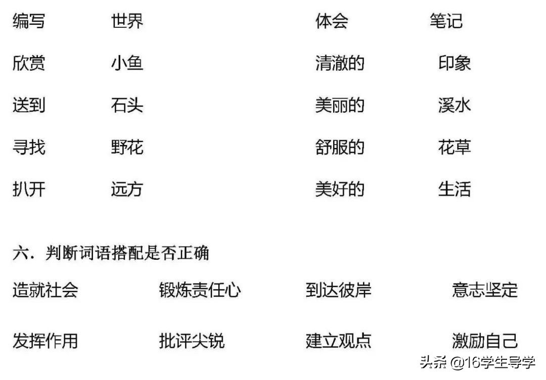 小学语文1~6年级须掌握的词语搭配，的地得组词，练习题专项训练