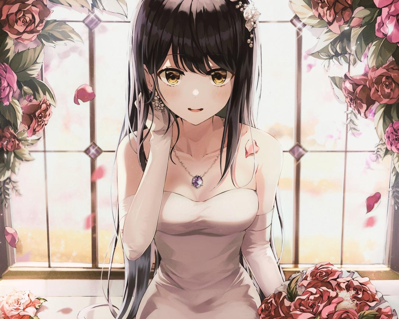 Konachan.com - 329530 black_hair cropped csc00014 dress elbow_gloves flowers gloves long_hair necklace original petals rose yellow_eyes.jpg