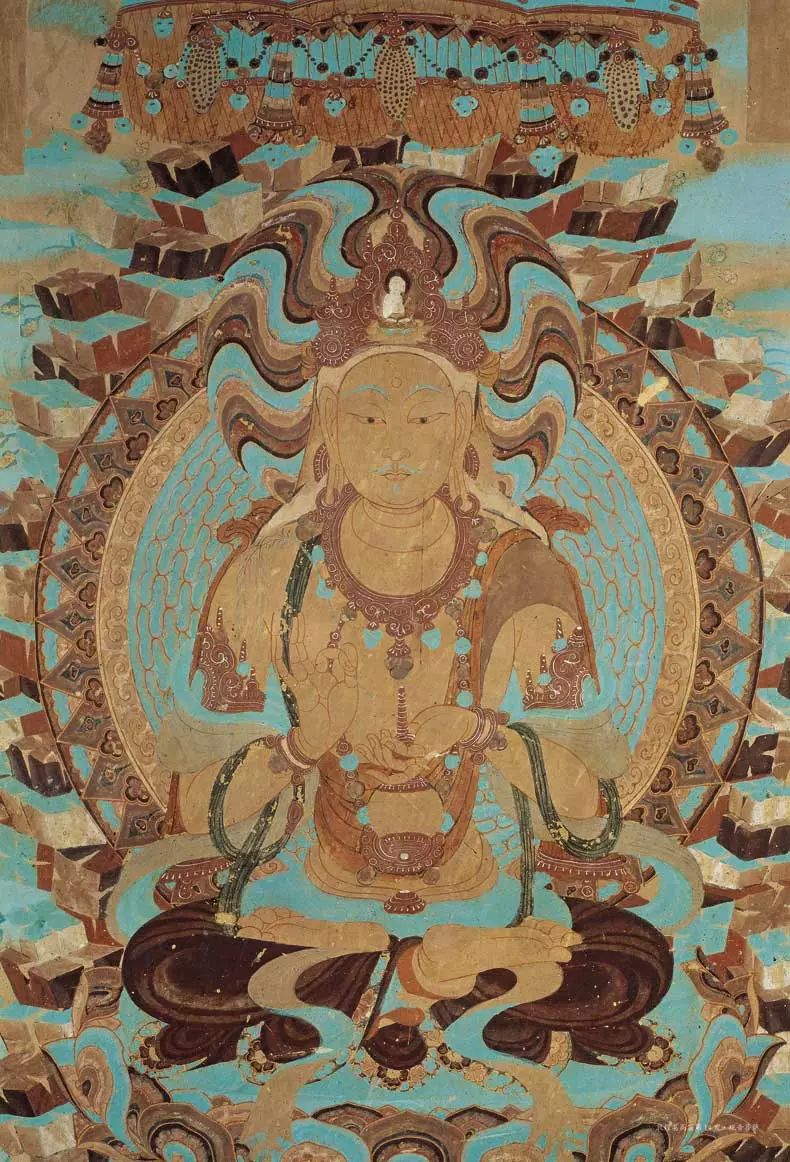 绘作女身男相,顶戴弥陀,右手结大悲施无畏印,左手持净瓶,全跏趺坐莲台