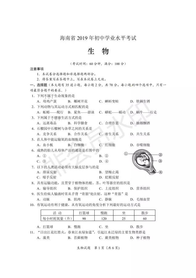 来啦！2019海南中考数学、化学、生物试题及答案