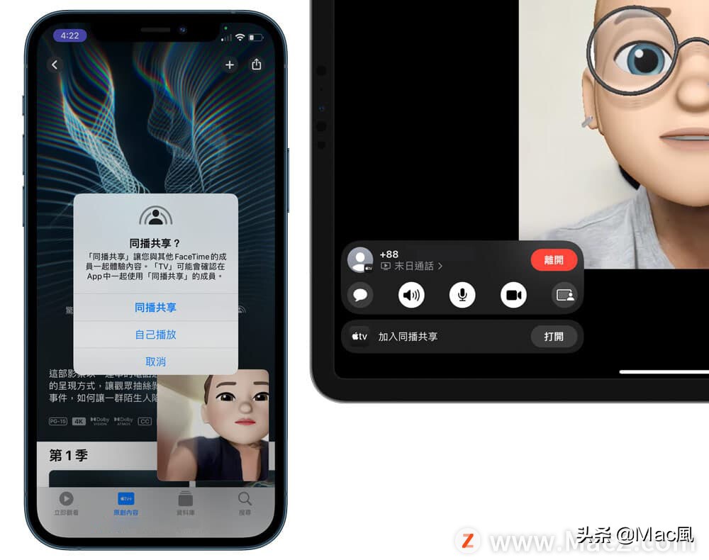 如何使用 SharePlay  在 FaceTime  中共享画面同步播放？