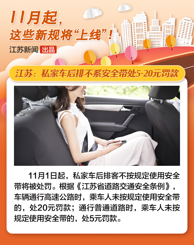 江苏：私家车后排不系安全带处5-20元罚款