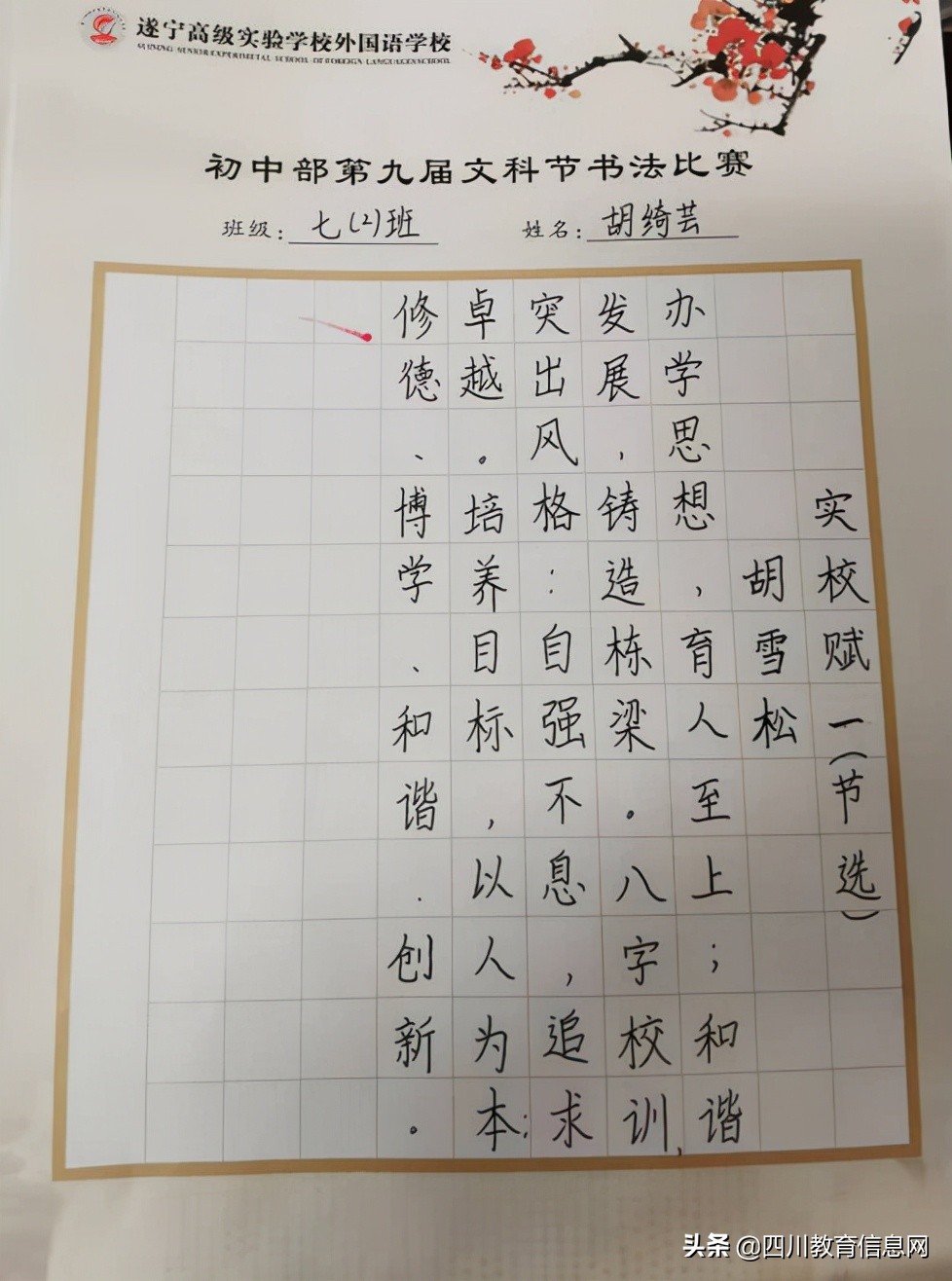 遂宁高级实验学校初中部第九届文科节硬笔书法大赛