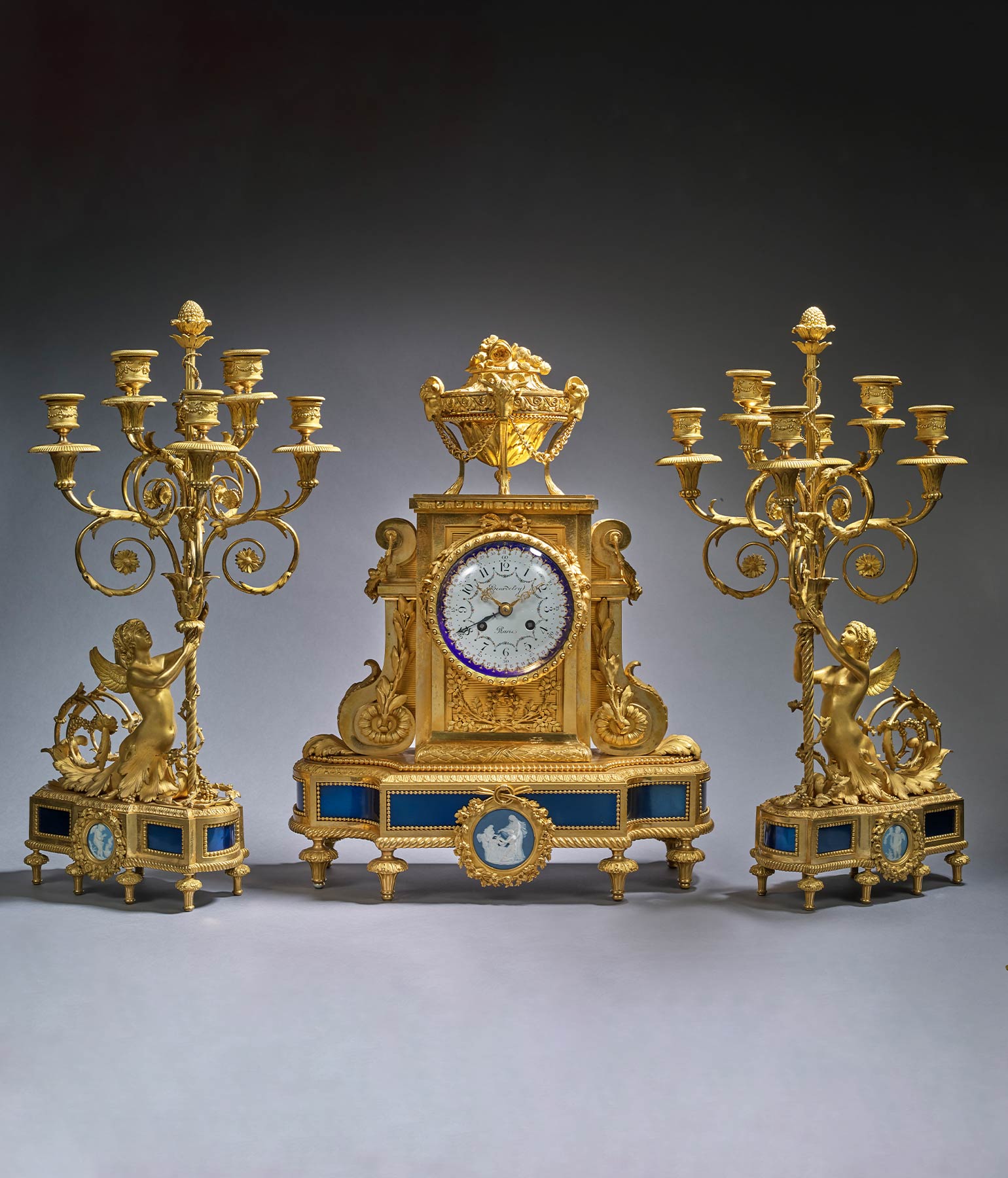 欧洲古董钟表艺术，法国十九世纪壁炉装饰成套景观钟表