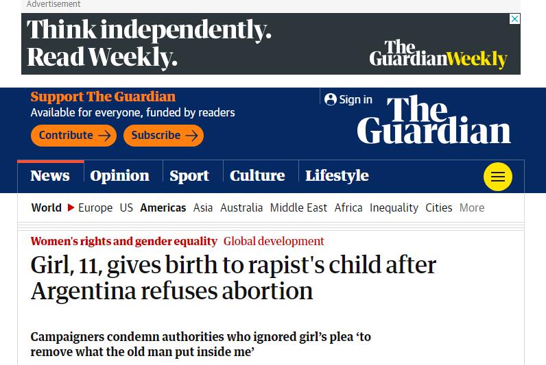 阿根廷11岁女孩遭性侵产子，当局拒绝堕胎请求激起女权人士愤怒