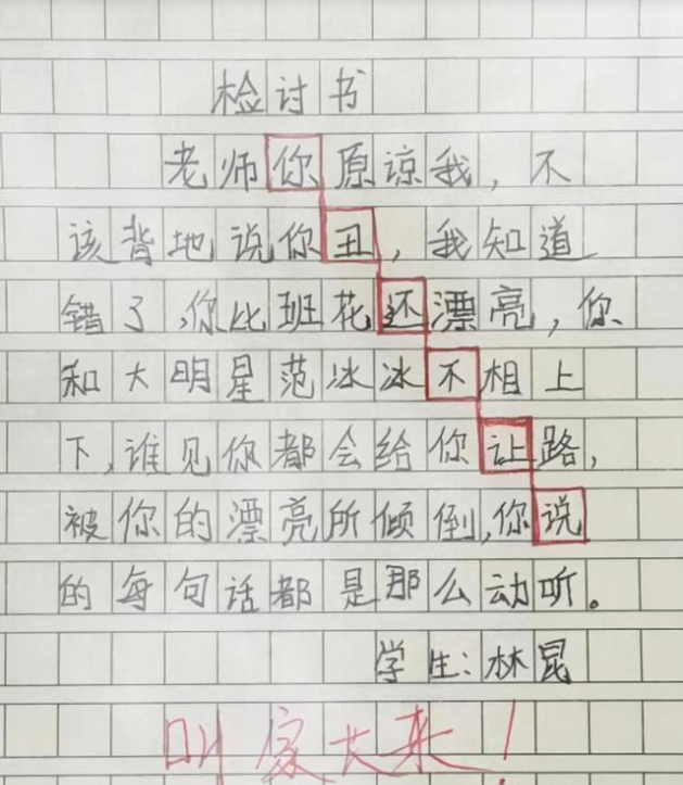 小学生“检讨书”走红，表面在反省，“藏头诗”还是被老师发现了
