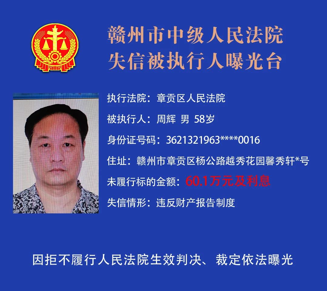 赣州市中级人民法院曝光2021年最新失信被执行人名单