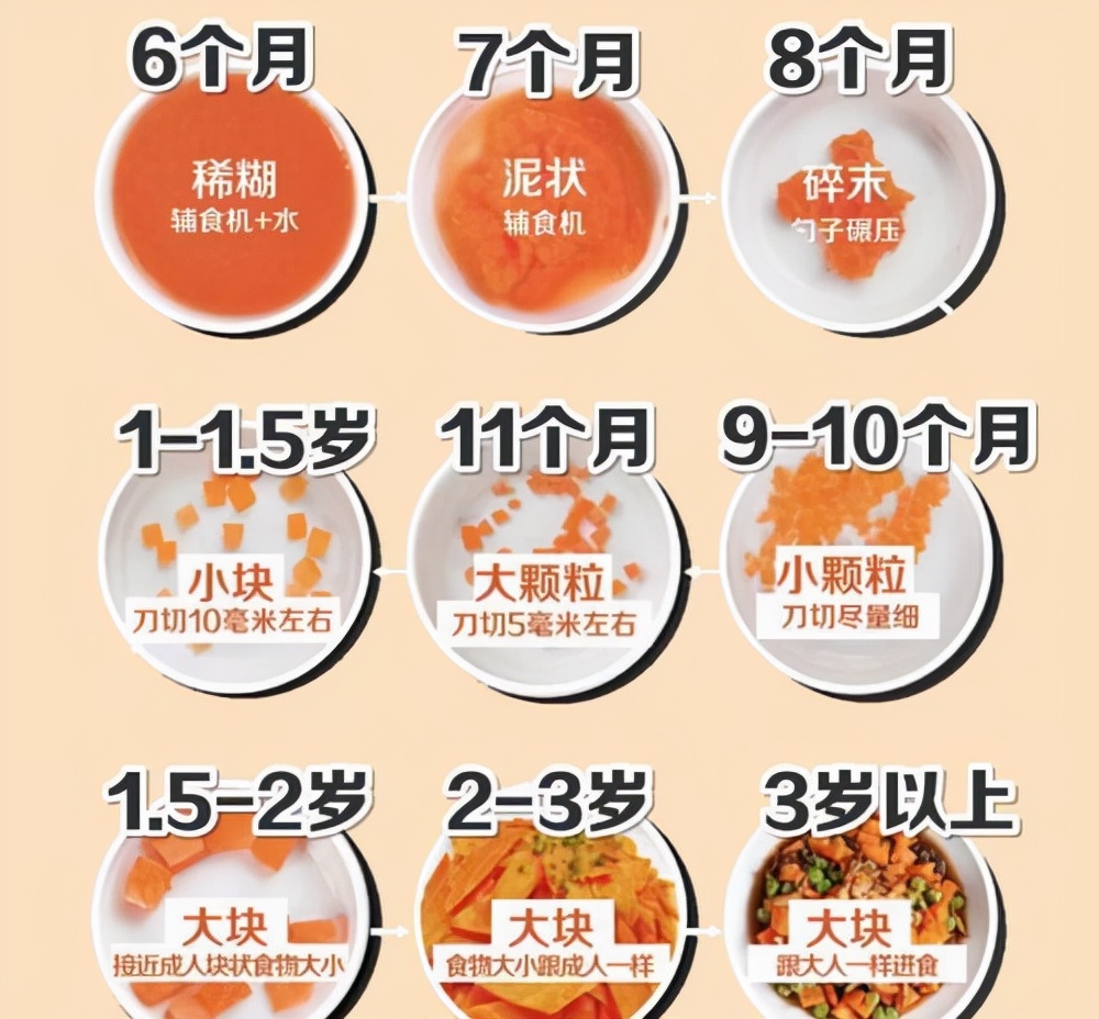 6-12个月宝宝辅食性状演变过程，不同月龄吃法不同，父母可收藏