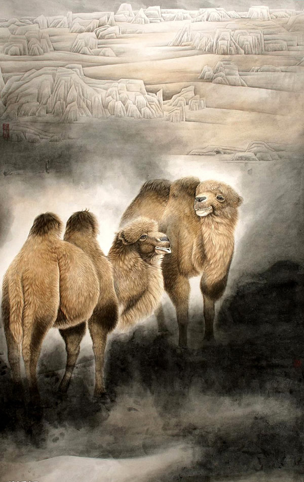 千姿百态,富有立体感,和各类自然风光山水画,驼绒画内容一般有花鸟