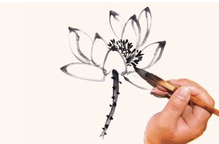 用白描双勾画法来画荷花盛开的花头和花苞