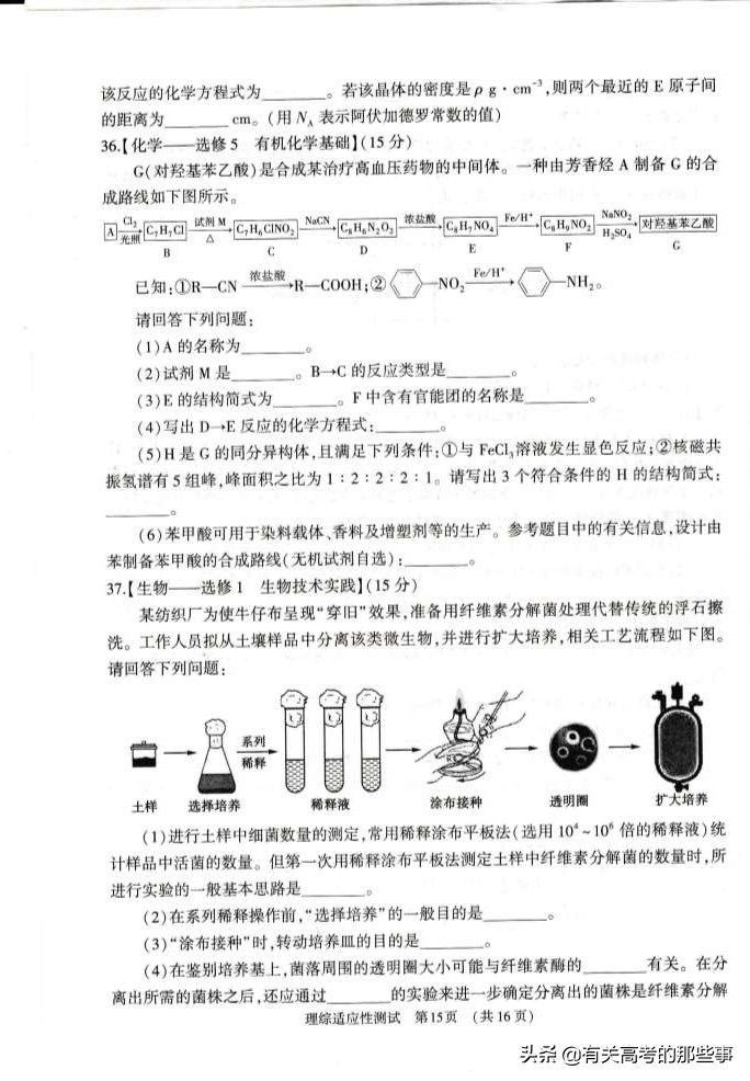 2019年河南省普通高中毕业班高考适应性测试（理综）