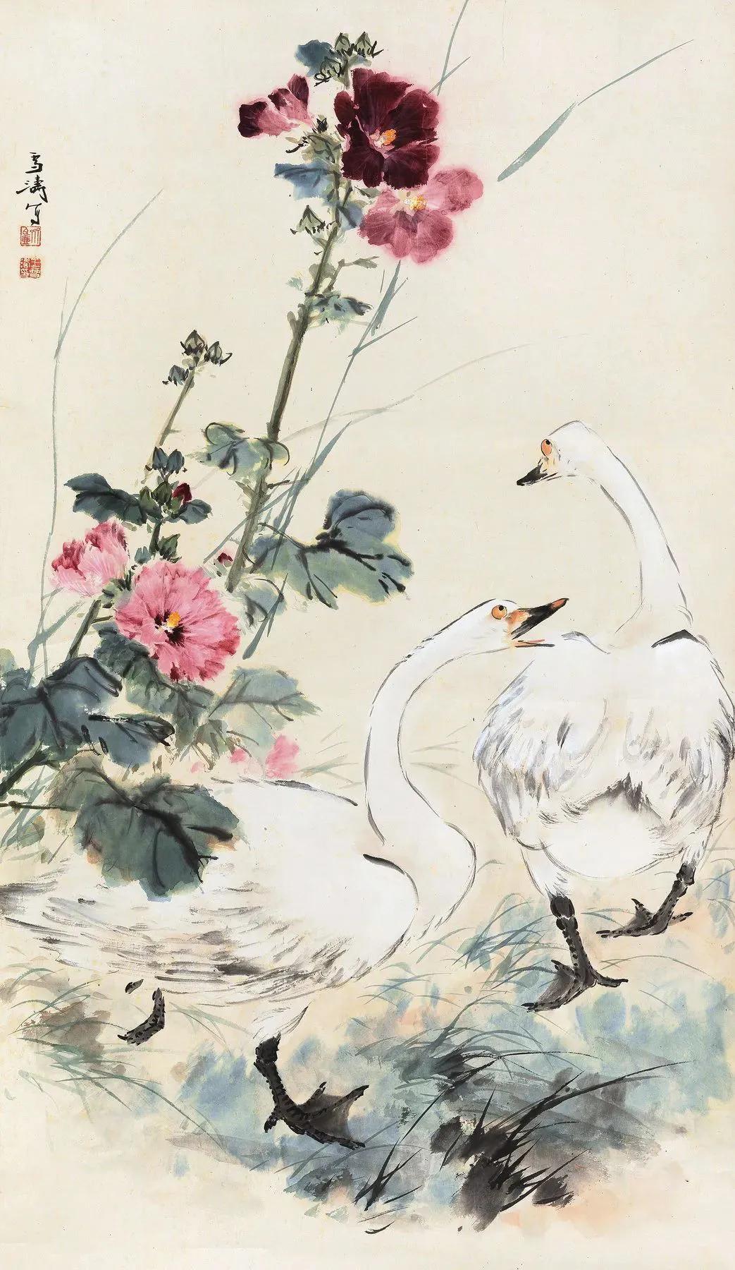 水中花白鹅，诗画溢欢歌：“白鹅”诗词20首，国画白鹅46幅